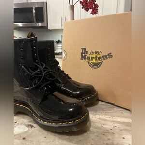 Dr. Martens Shiny Black Boots with Yellow Stitching